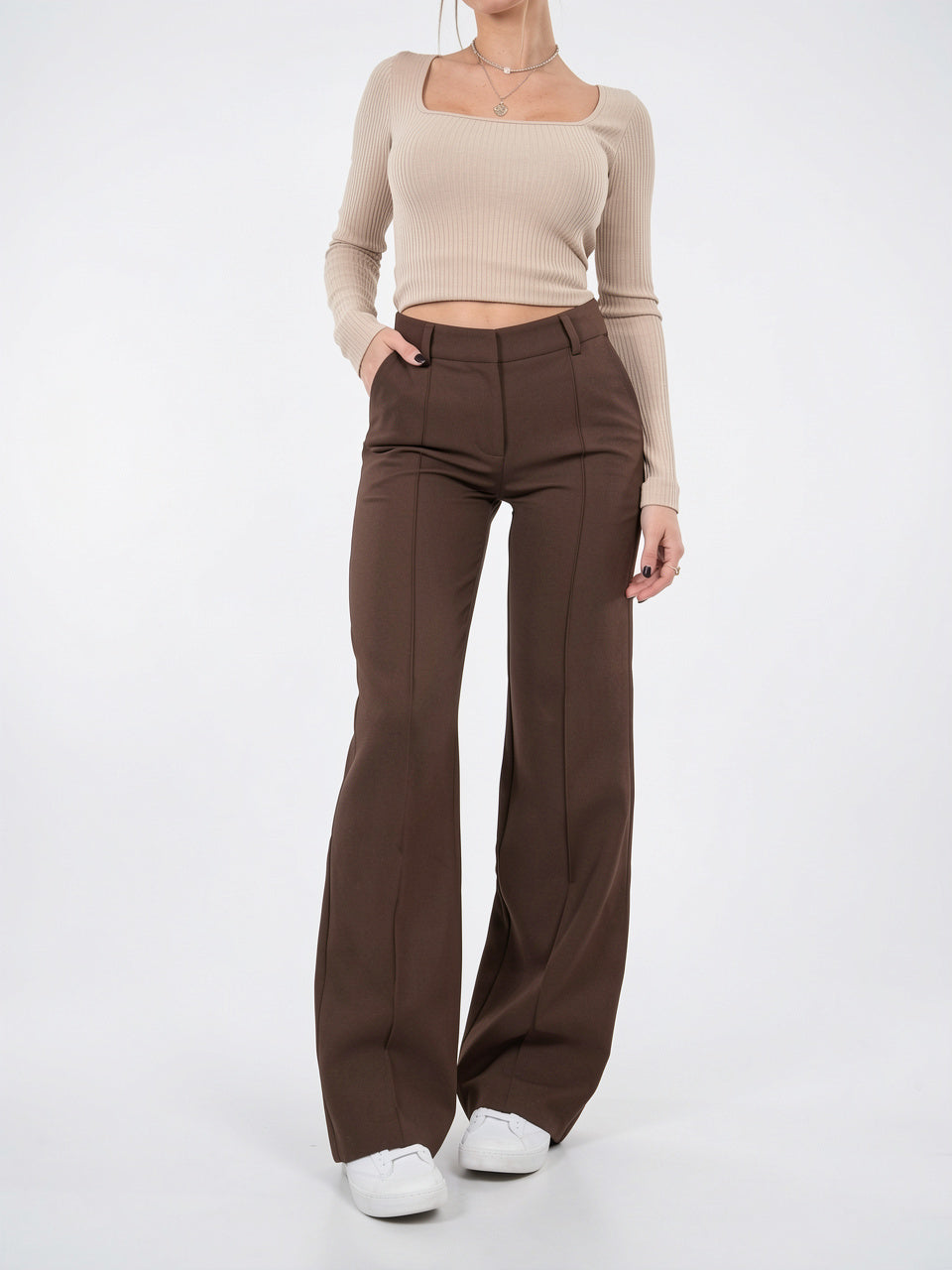 Pantalon Jambes Larges Double Taille Taille Haute Fluide - Marron XS