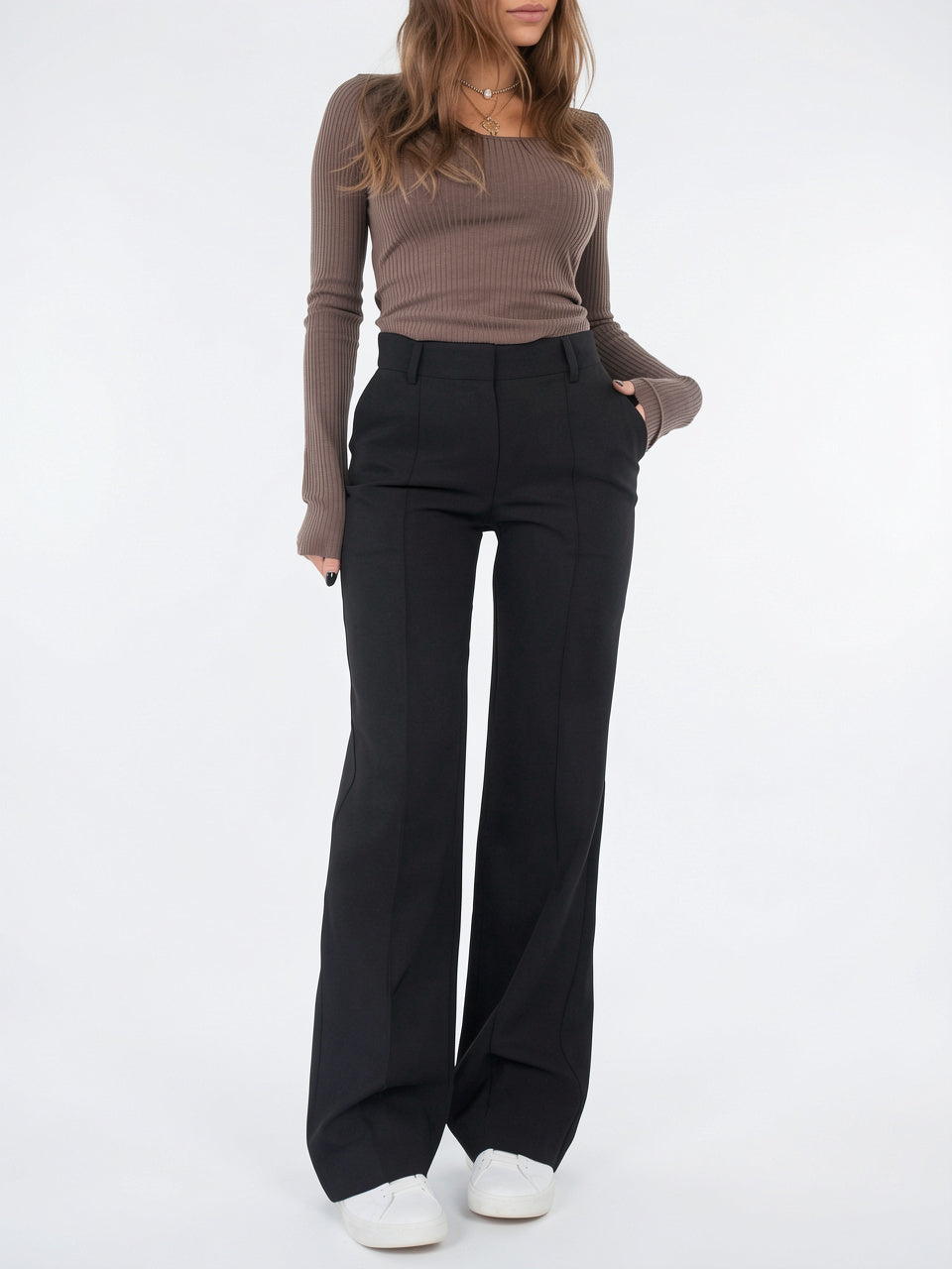 Pantalon Jambes Larges Double Taille Taille Haute Fluide - Noir XS