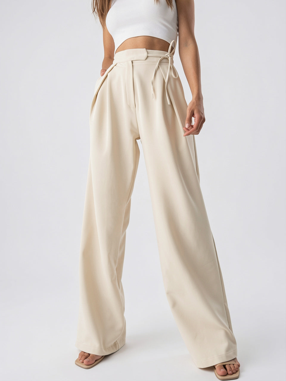 Pantalon Large Confortable Palazzo Taille Liée - Beige S