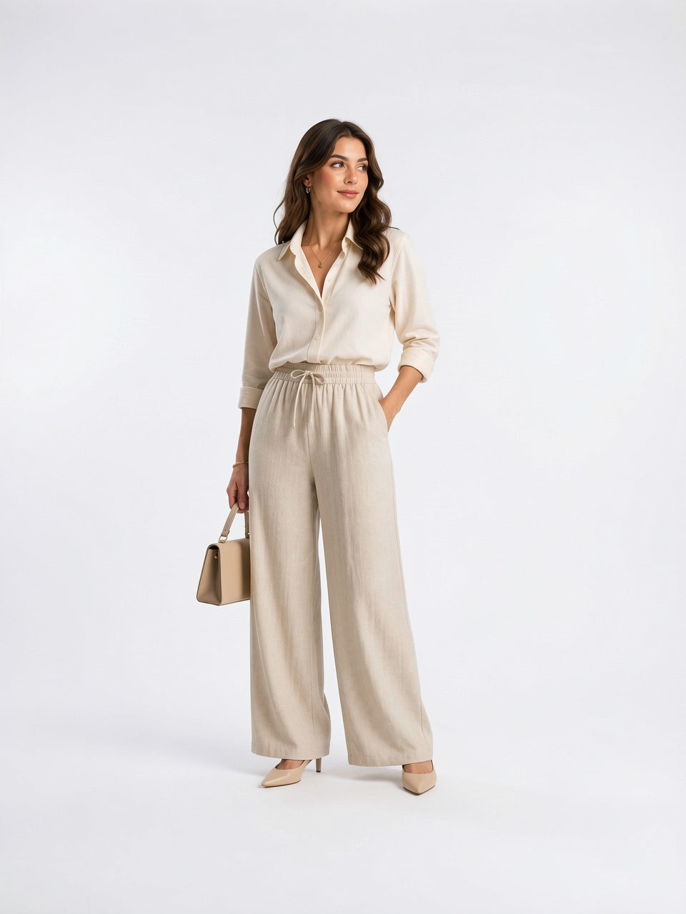 Pantalon Large Femmes Aspect Lin Taille Élastique Cordon - 1