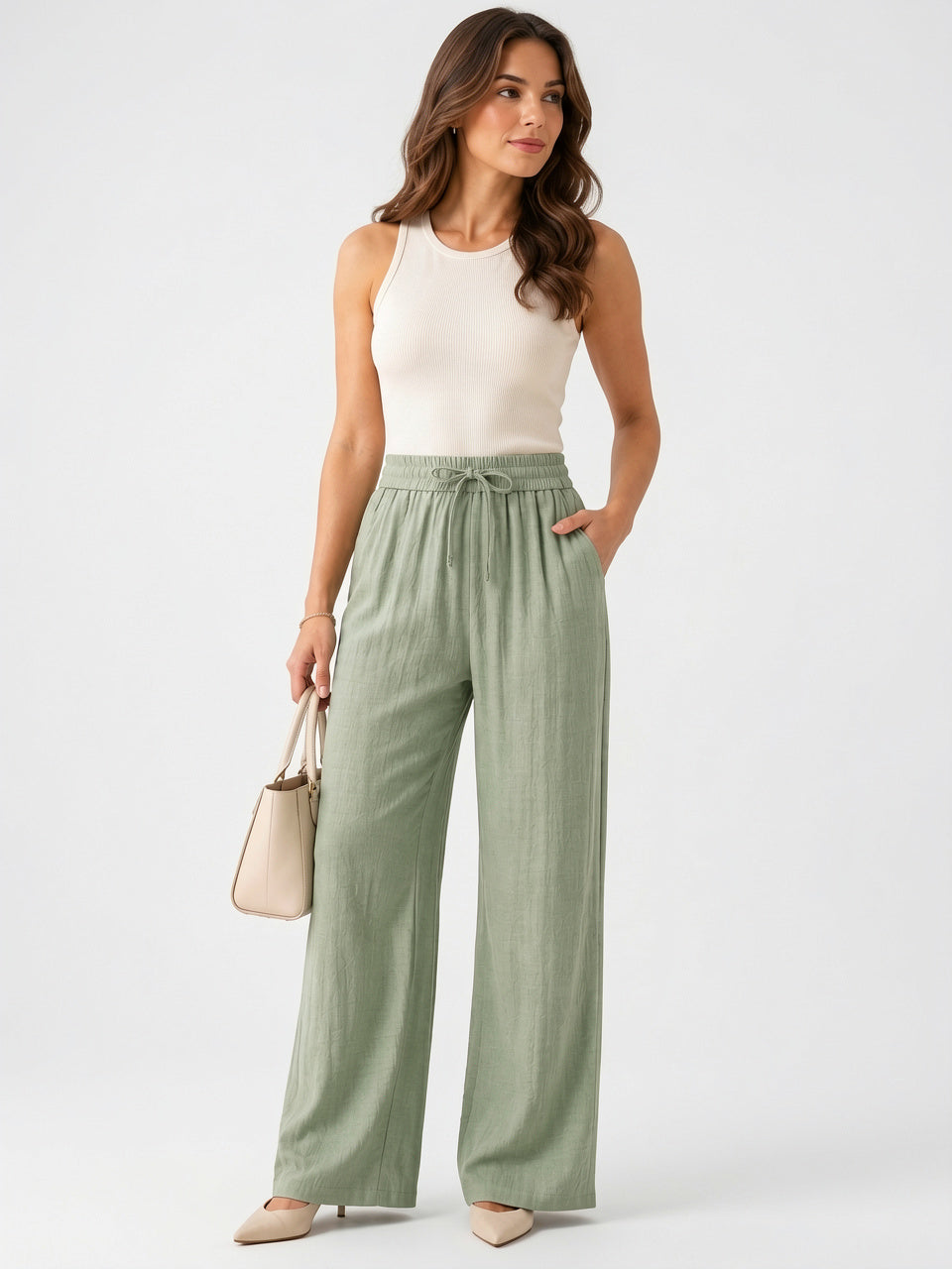 Pantalon Large Femmes Aspect Lin Taille Élastique Cordon - 10