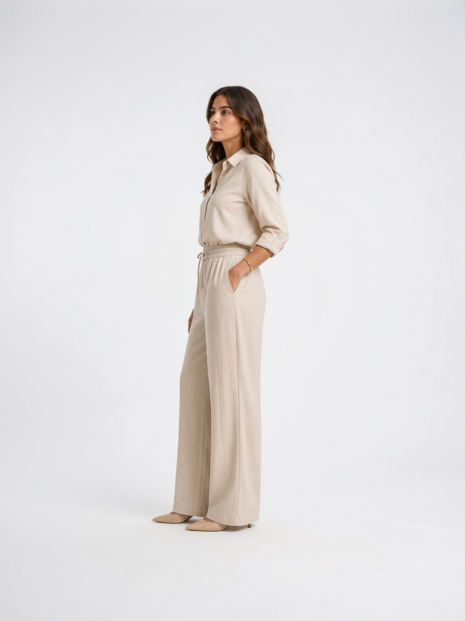 Pantalon Large Femmes Aspect Lin Taille Élastique Cordon - 2
