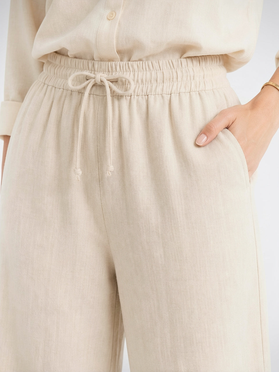 Pantalon Large Femmes Aspect Lin Taille Élastique Cordon - 3