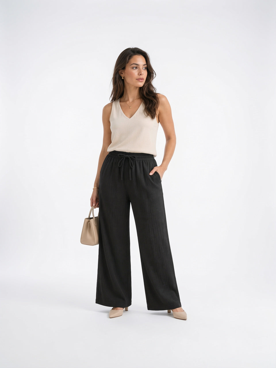 Pantalon Large Femmes Aspect Lin Taille Élastique Cordon - 6