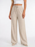 Pantalon Large Femmes Aspect Lin Taille Élastique Cordon - Beige S