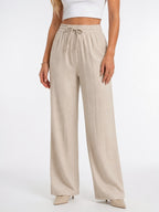 Pantalon Large Femmes Aspect Lin Taille Élastique Cordon - Beige S