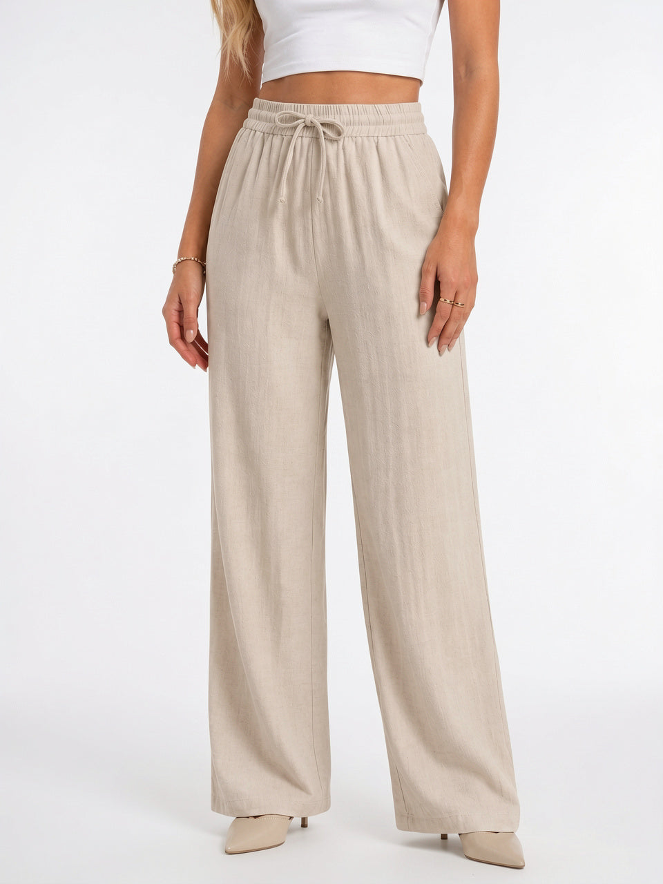 Pantalon Large Femmes Aspect Lin Taille Élastique Cordon - Beige S