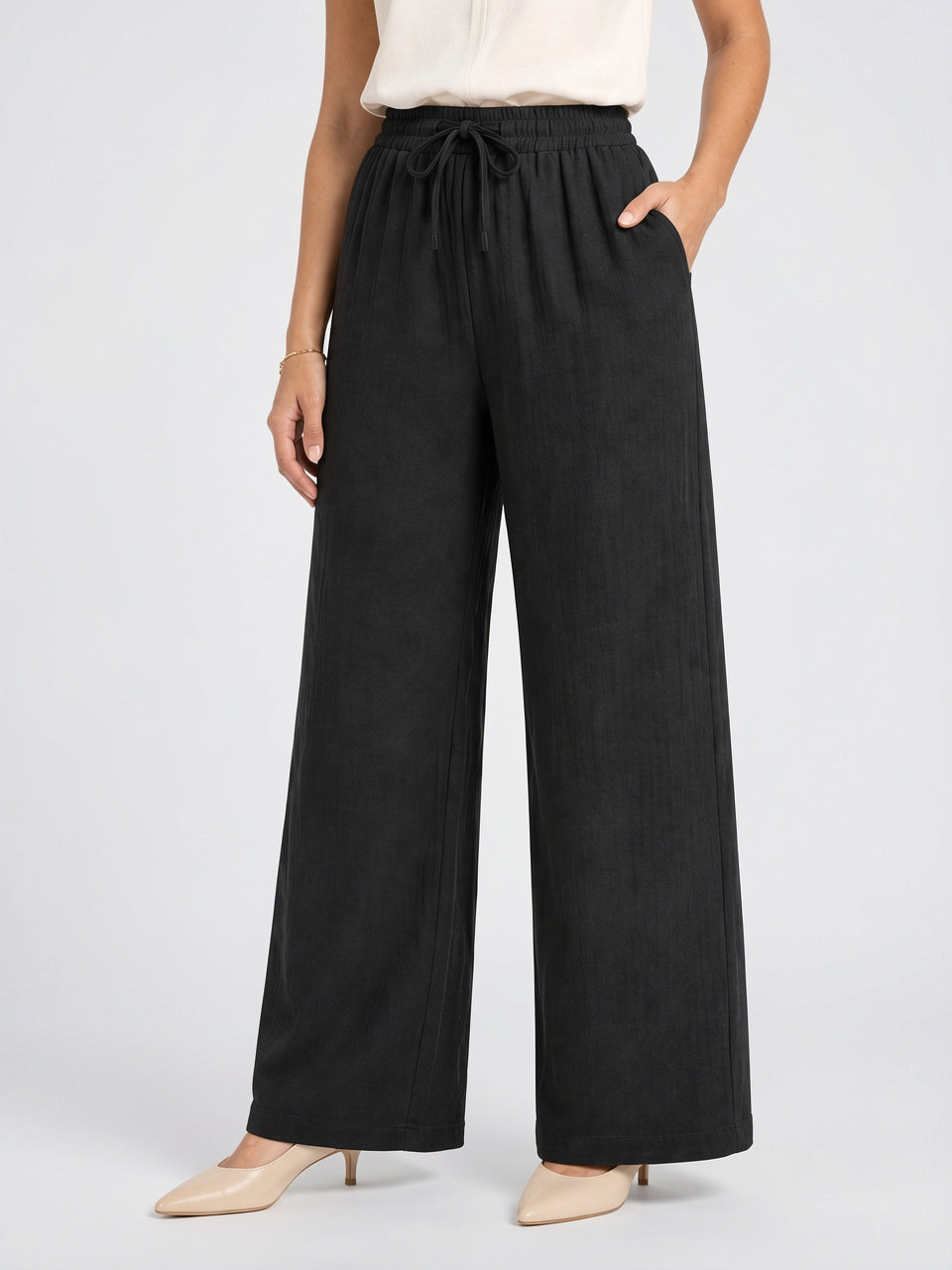 Pantalon Large Femmes Aspect Lin Taille Élastique Cordon - Noir S