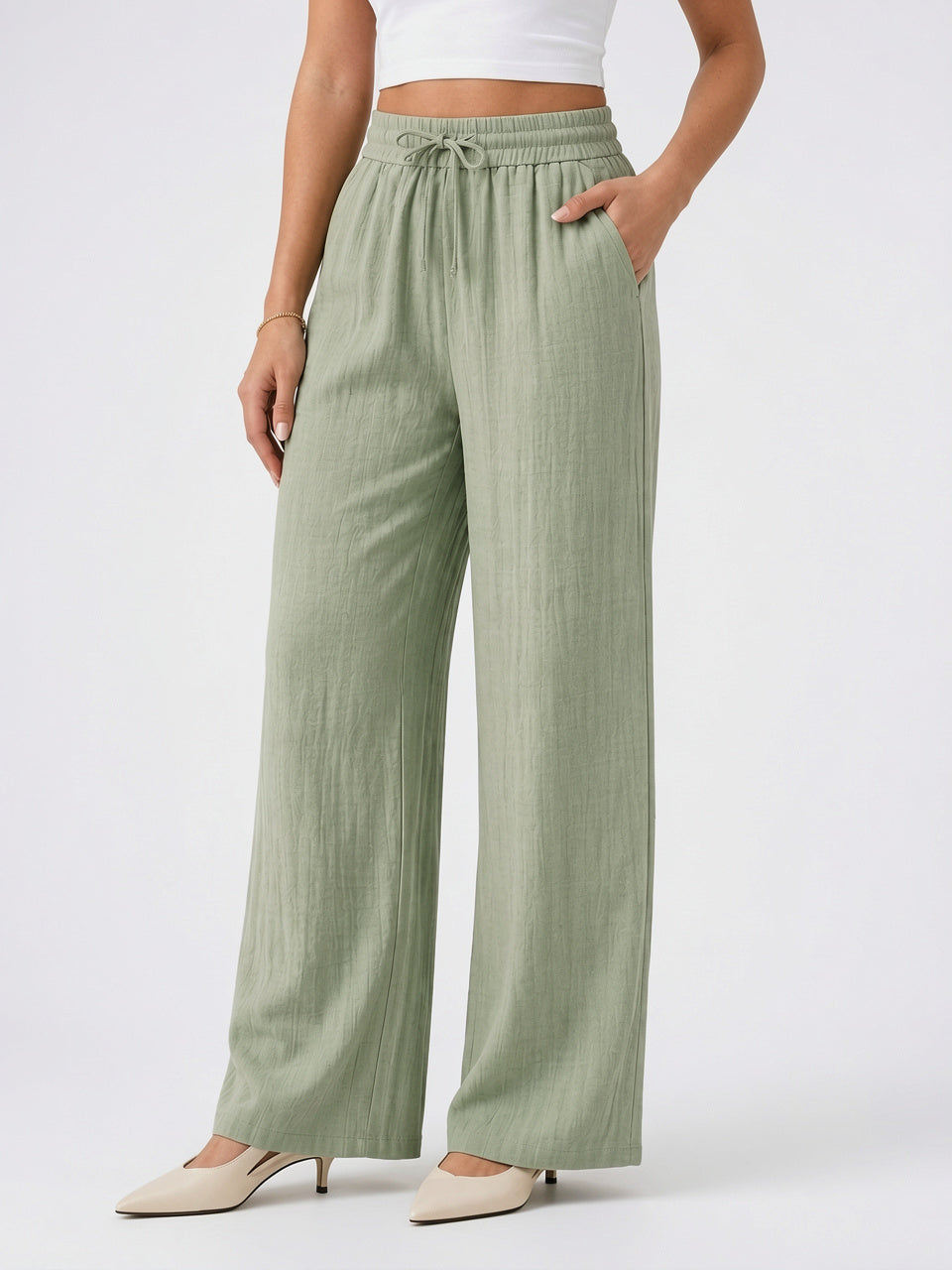 Pantalon Large Femmes Aspect Lin Taille Élastique Cordon - Vert S