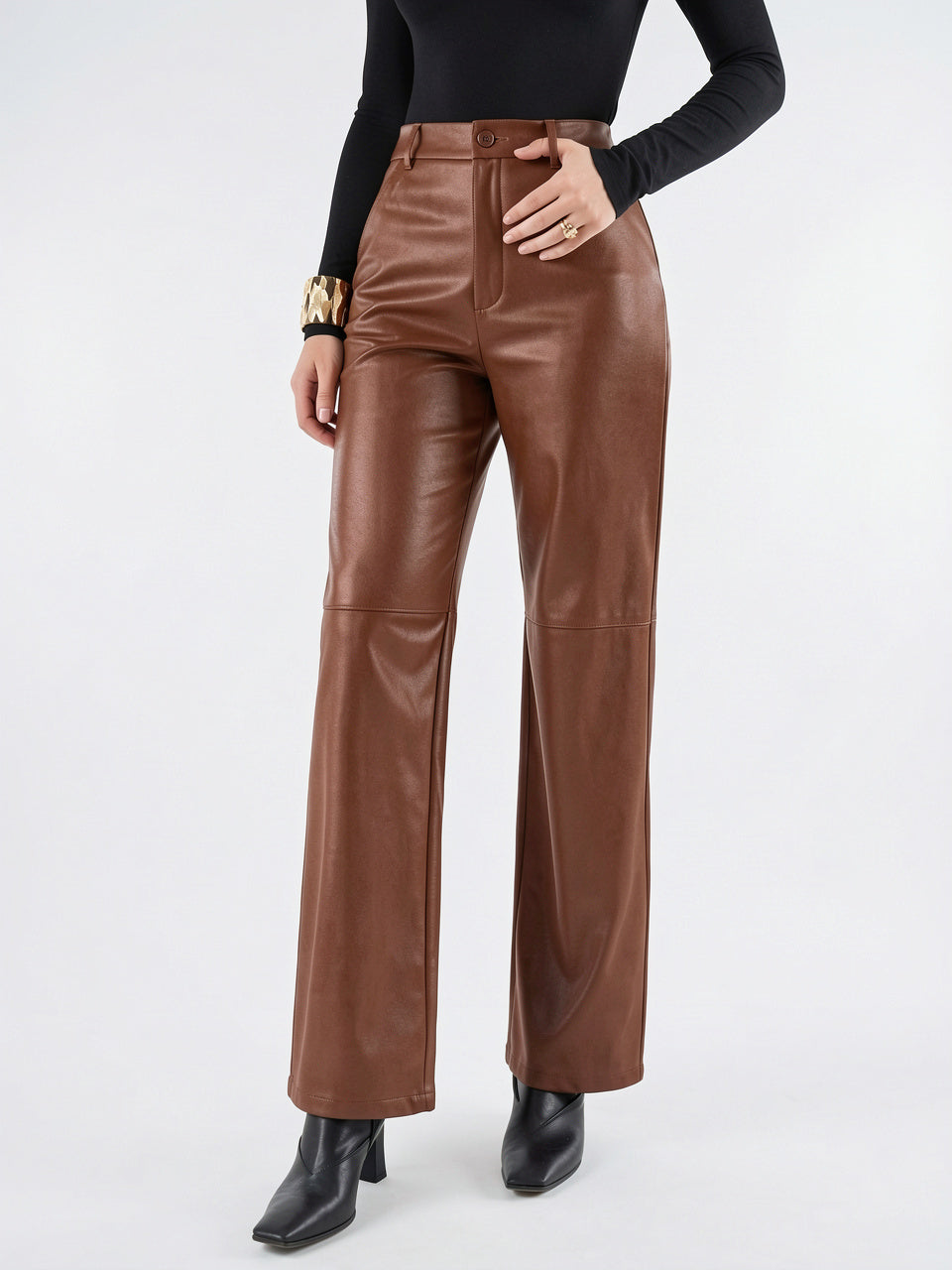 Pantalon Large Simili Cuir Taille Haute Moderne - 3