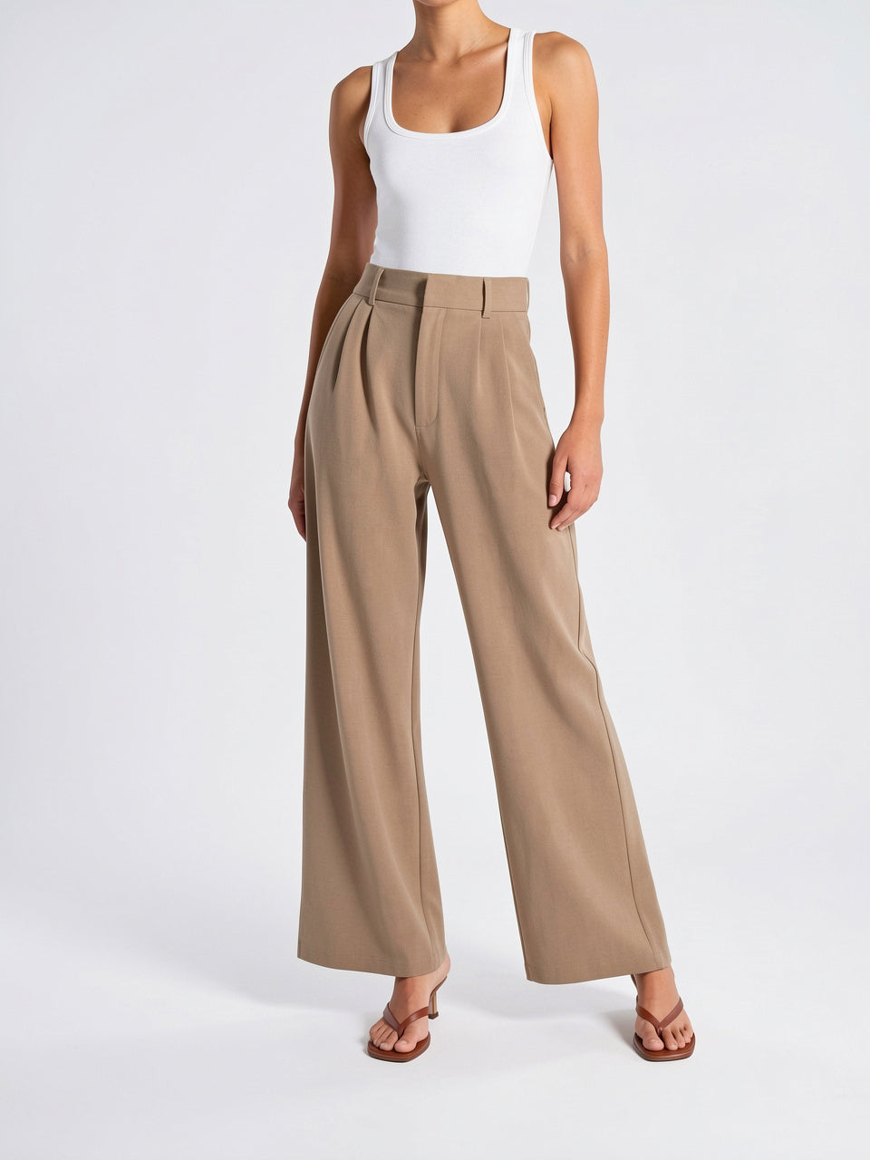 Pantalon Large Tailleur Coton Taille Haute Ajusté - Kaki S
