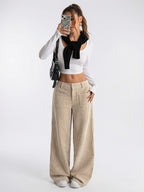 Pantalon Large Tailleur Femmes Taille Haute Poches - 2