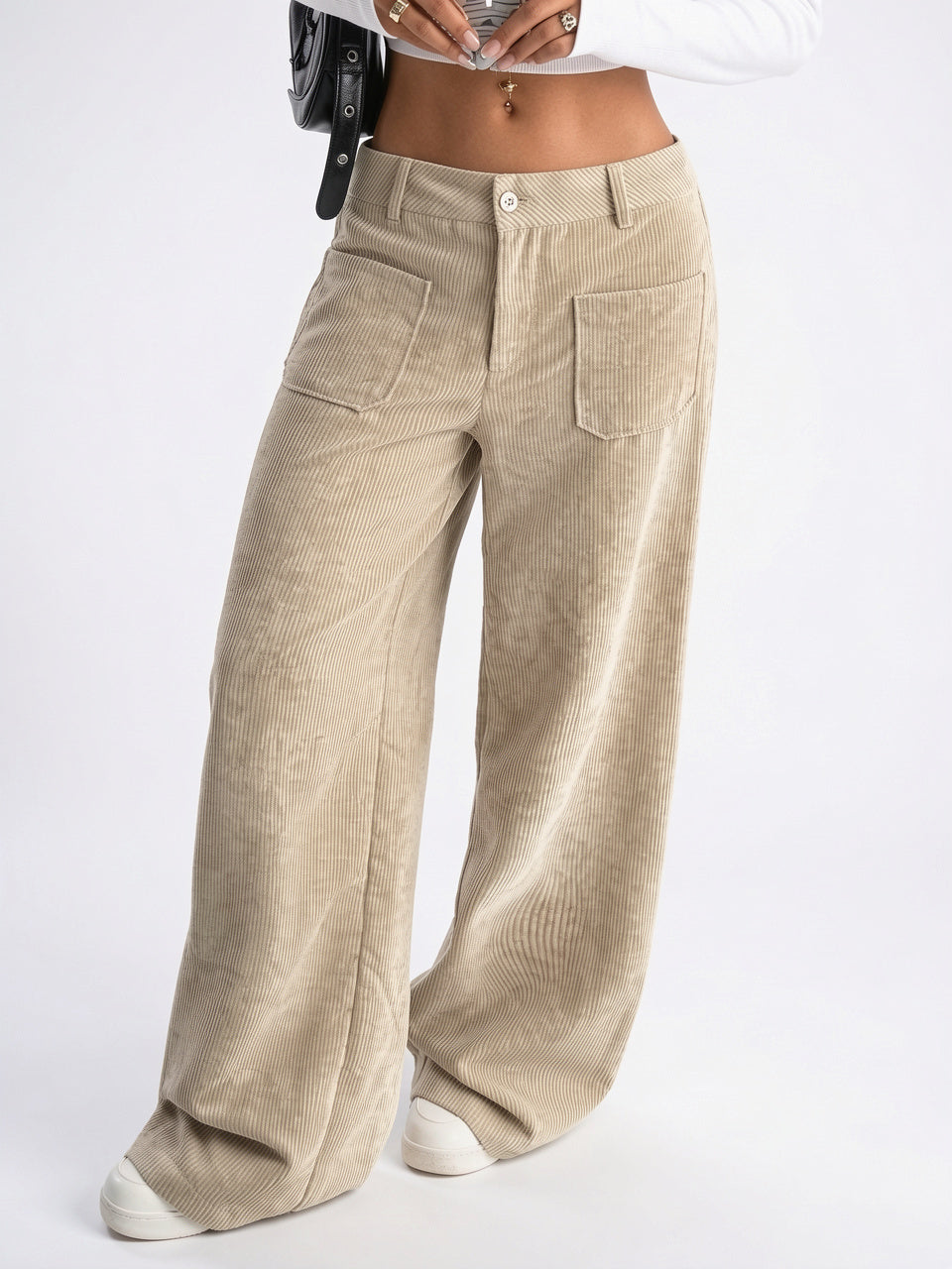 Pantalon Large Tailleur Femmes Taille Haute Poches - Kaki S