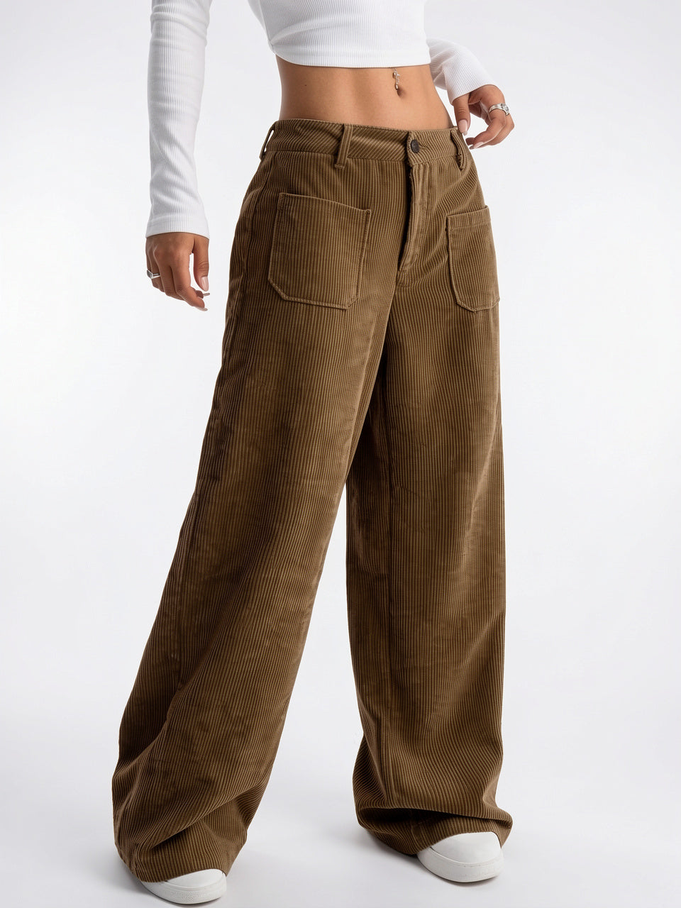 Pantalon Large Tailleur Femmes Taille Haute Poches - Marron S