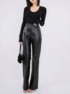Pantalon Taille Haute Mode Quotidien Simili Cuir - 1