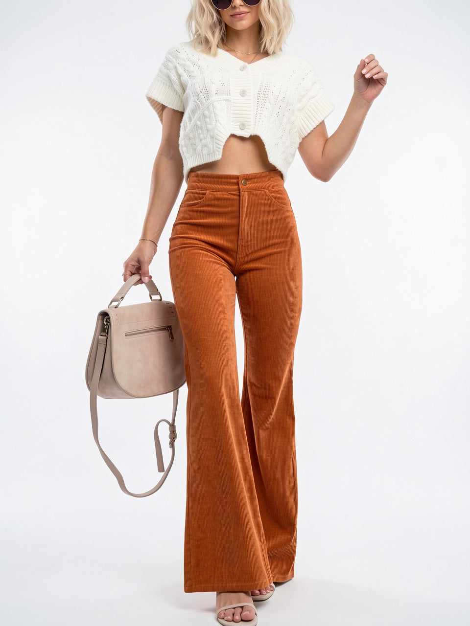 Pantalon Velours Côtelé Patte d'Eph Taille Haute Évasé - S