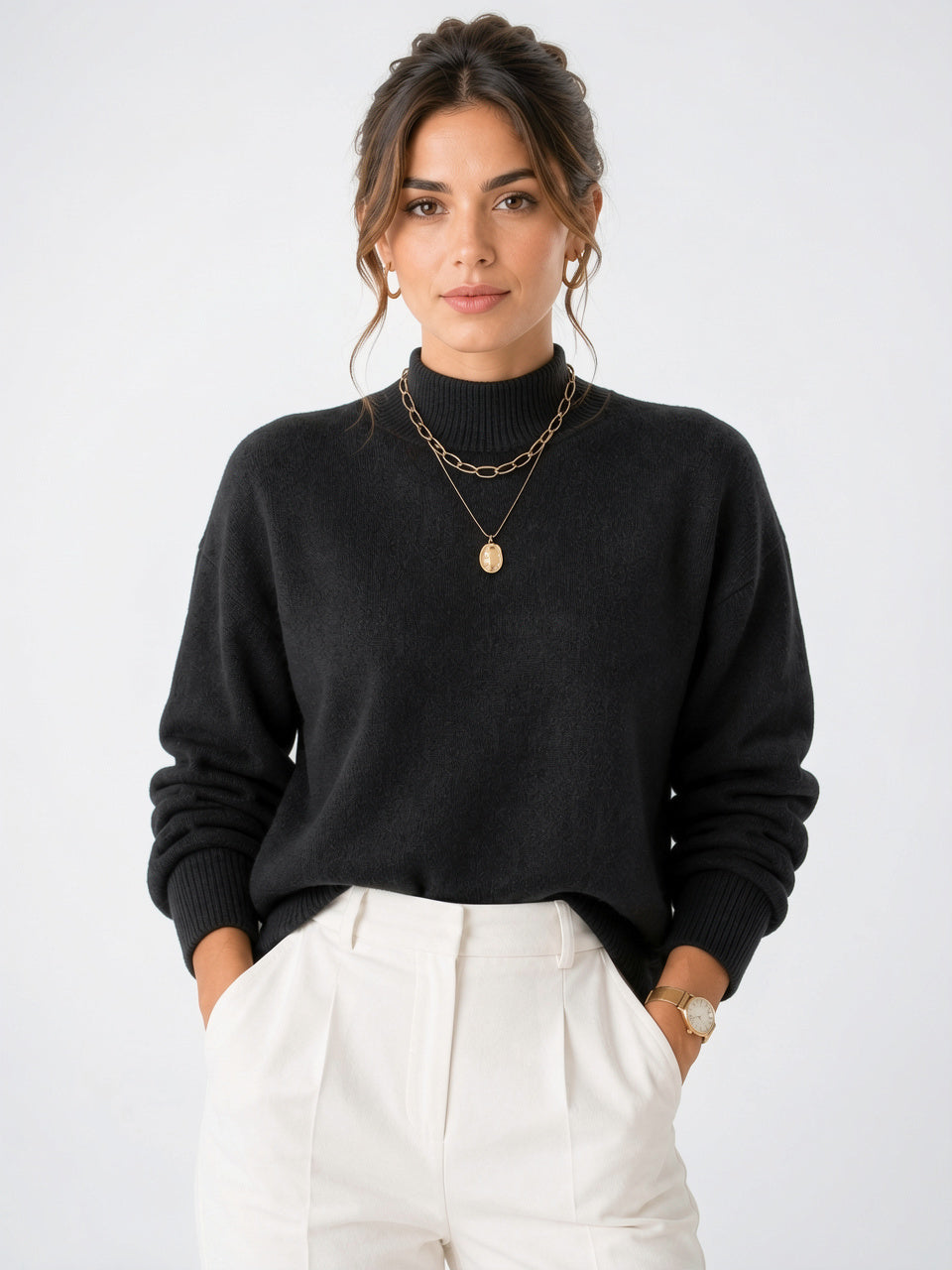 Pull Col Roulé Tricot Femme Pullover Hiver Léger - Noir S