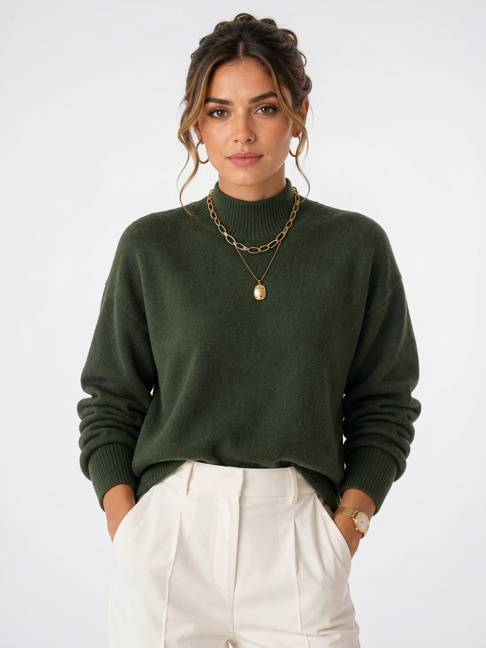 Pull Col Roulé Tricot Femme Pullover Hiver Léger - Vert S