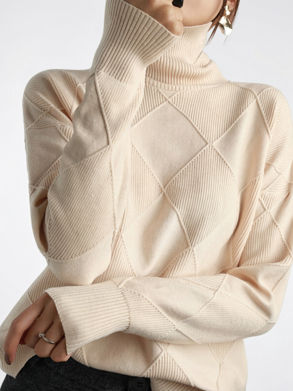Pull Femme Cachemire Col Roulé Doux Intemporel Ajusté - Beige XS