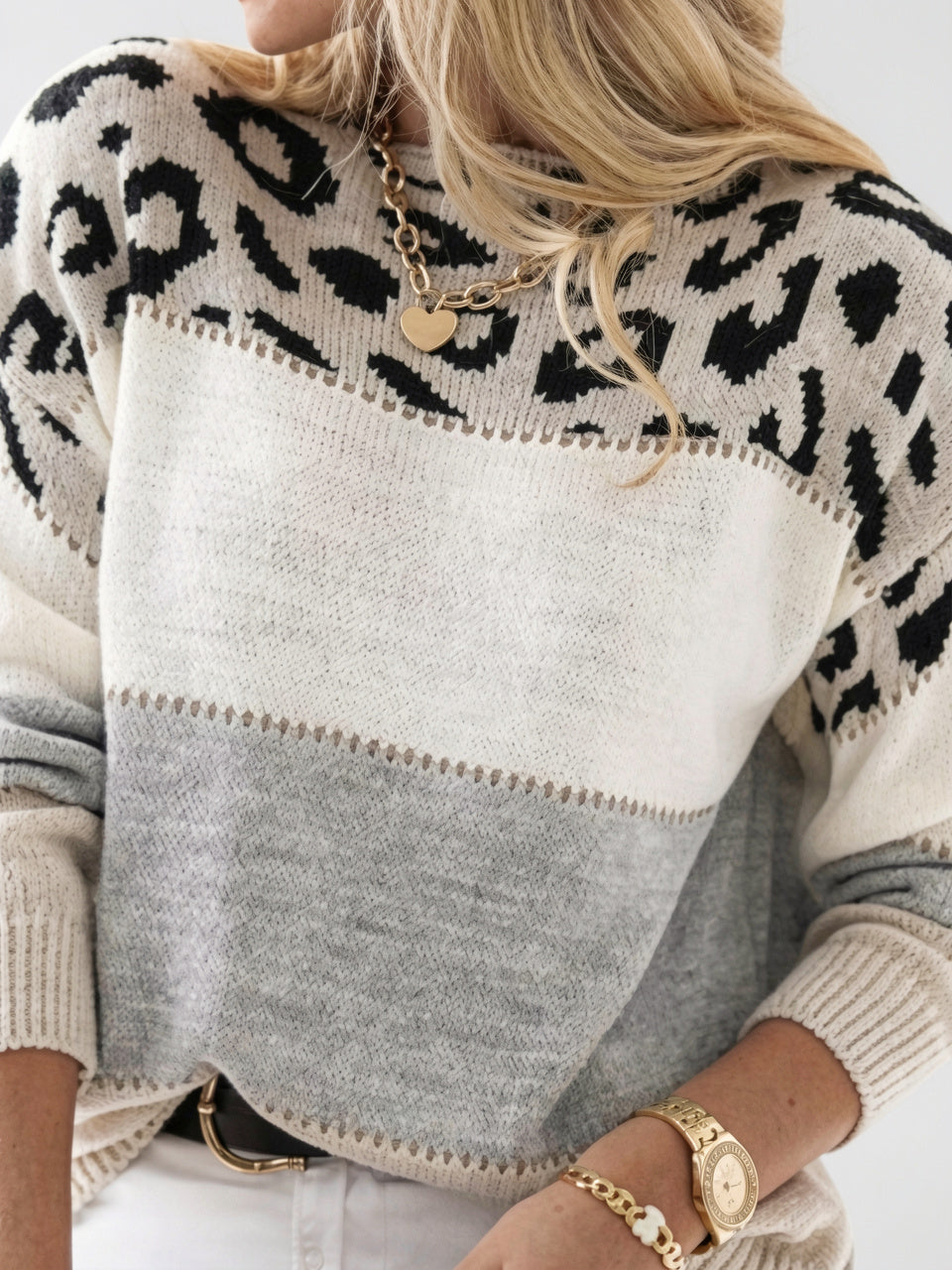 Pull pour Femmes Doux Chaud Douillet Imprimé Léopard, Tricot Imprimé Léopard en Acrylique Coupe Normale - 3
