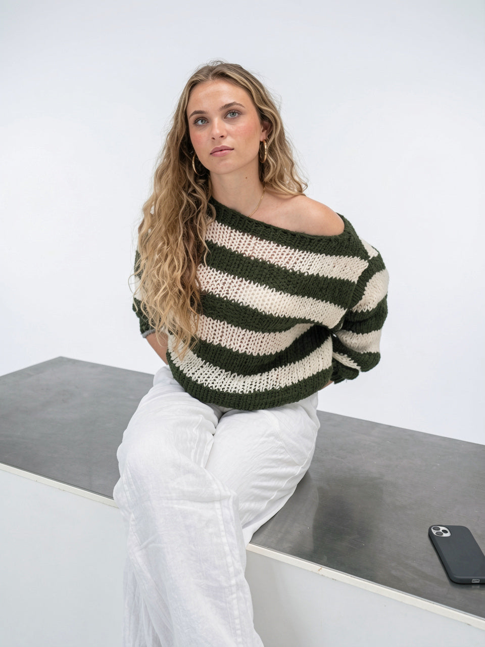 Pull Rayé Femme Col Rond Coupe Large Tricot - Verde militare S