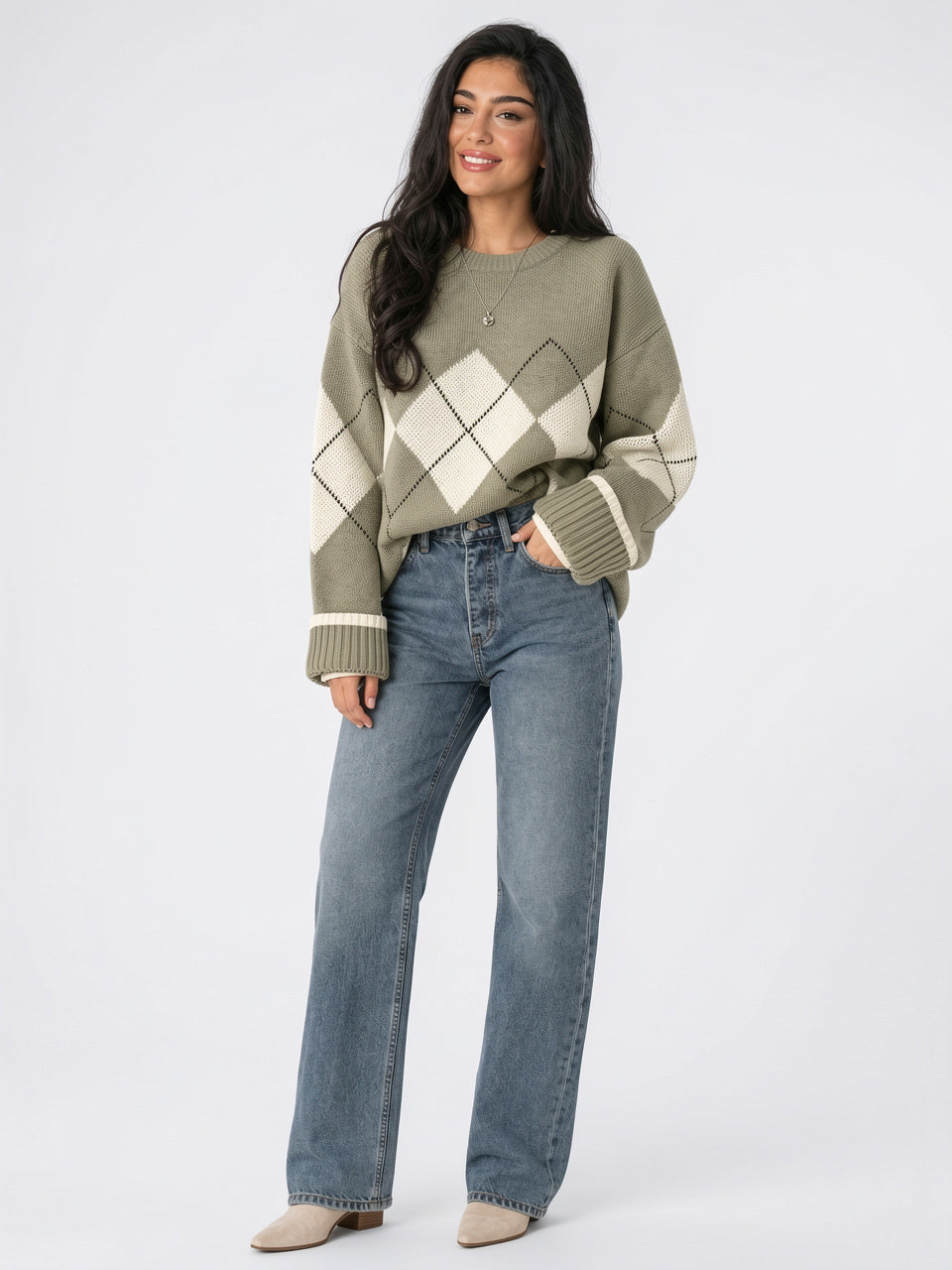 Pull Tricot Col Rond Femme Losanges Oversize - 1