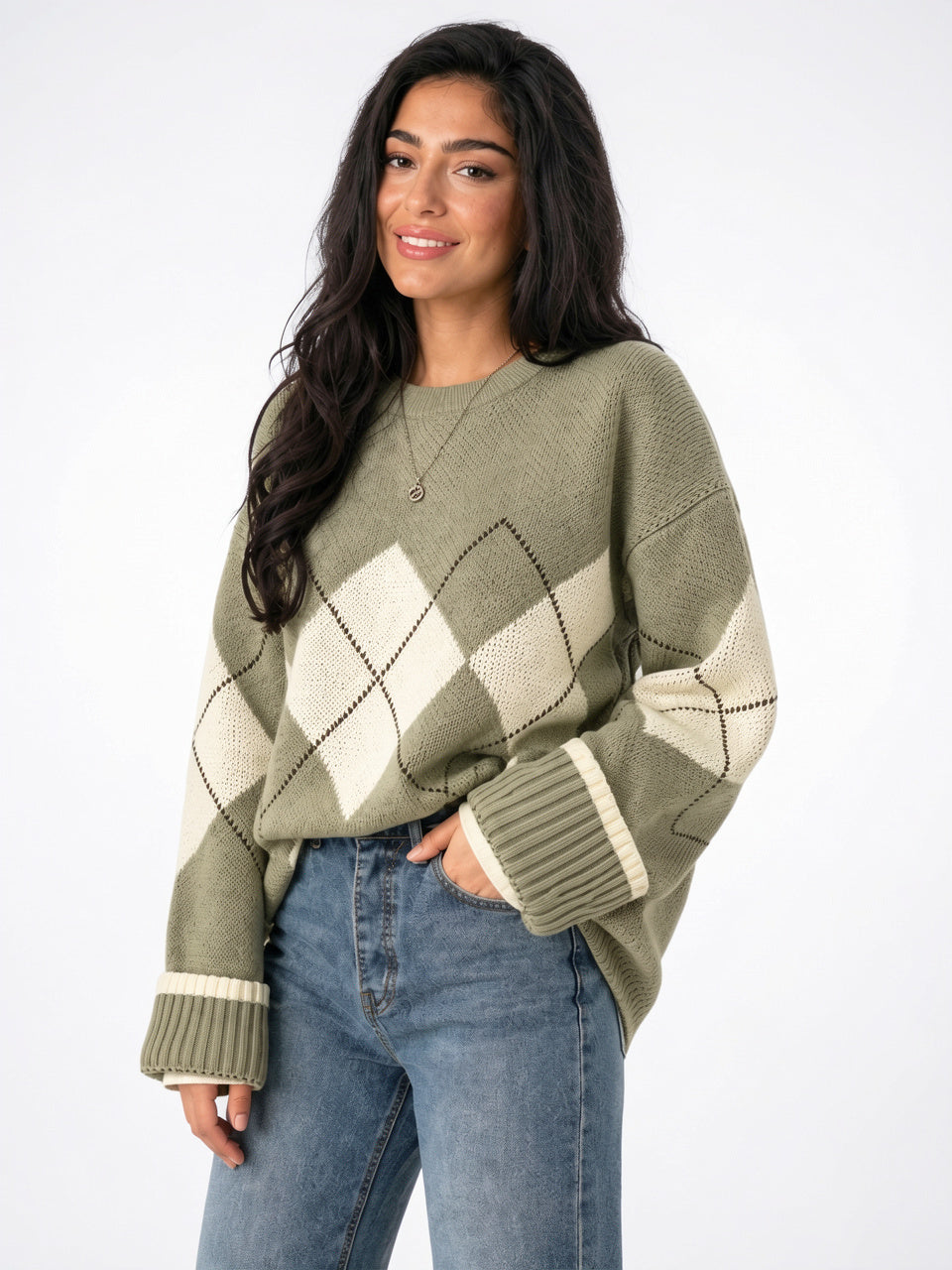 Pull Tricot Col Rond Femme Losanges Oversize - 6
