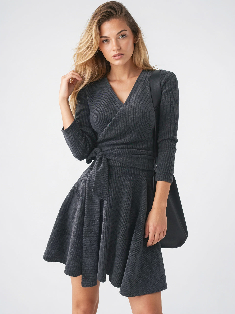 Robe Cintrée Pull Côtelé Chaude Épaisse - Gris S