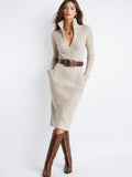 Robe Midi Tricotée Col V Ceinture Ajustable - Blanc XS
