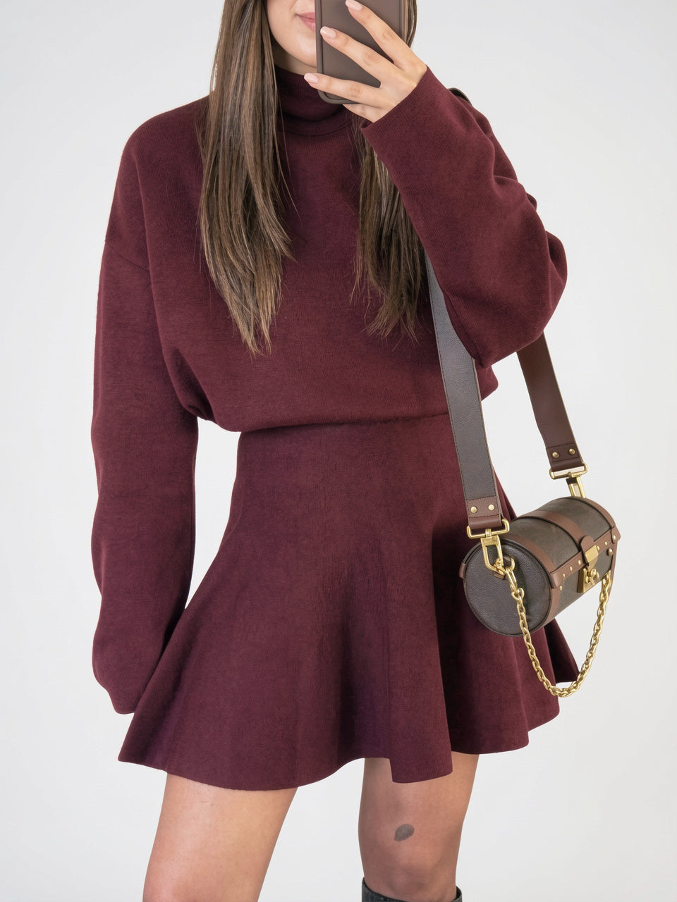 Robe Mini Évasée Manches Longues Col Roulé Femmes, Tricot Doux - Bordeaux S