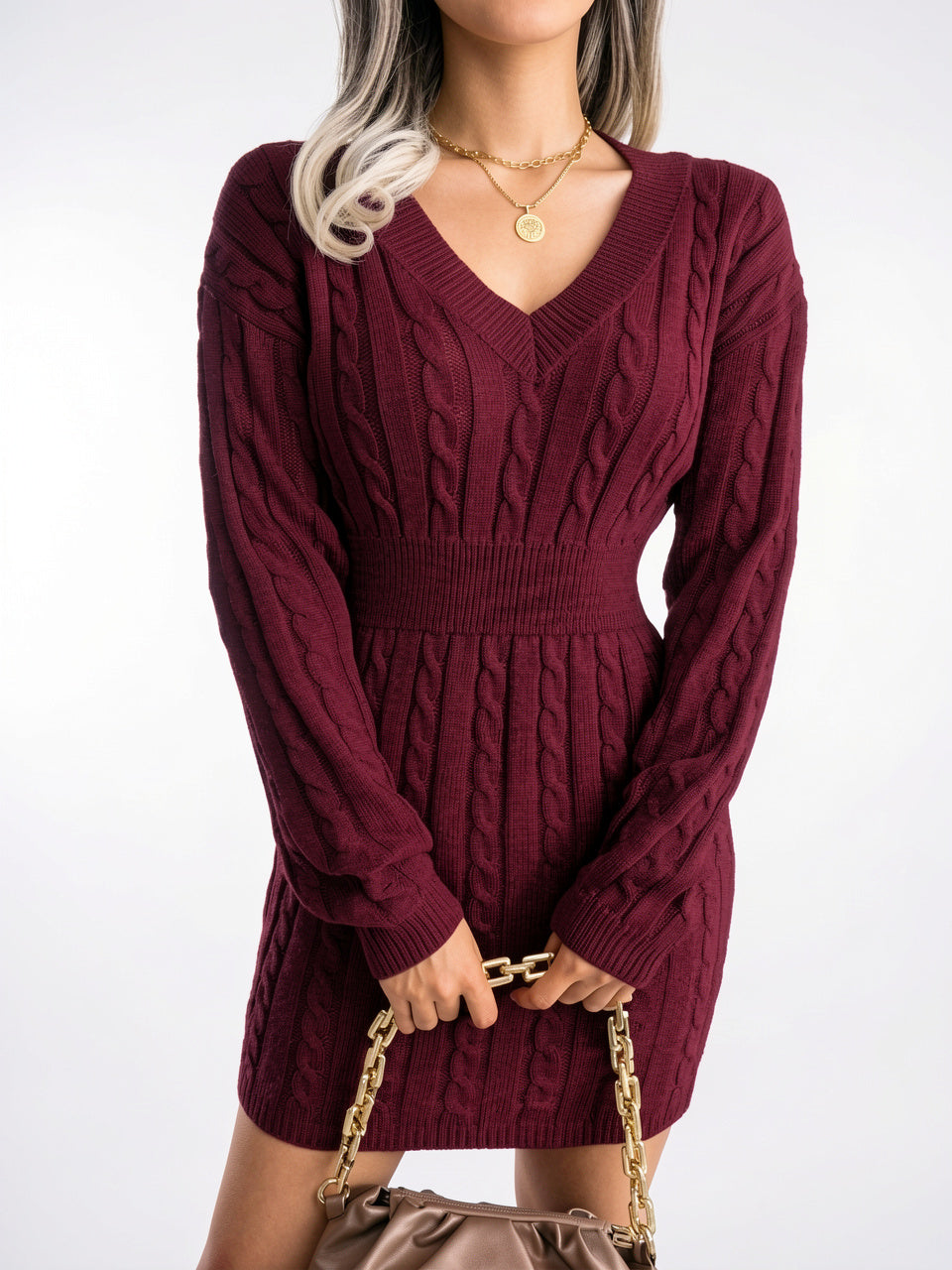 Robe Pull Femme Maille Torsadée Col V Mini - Bordeaux S