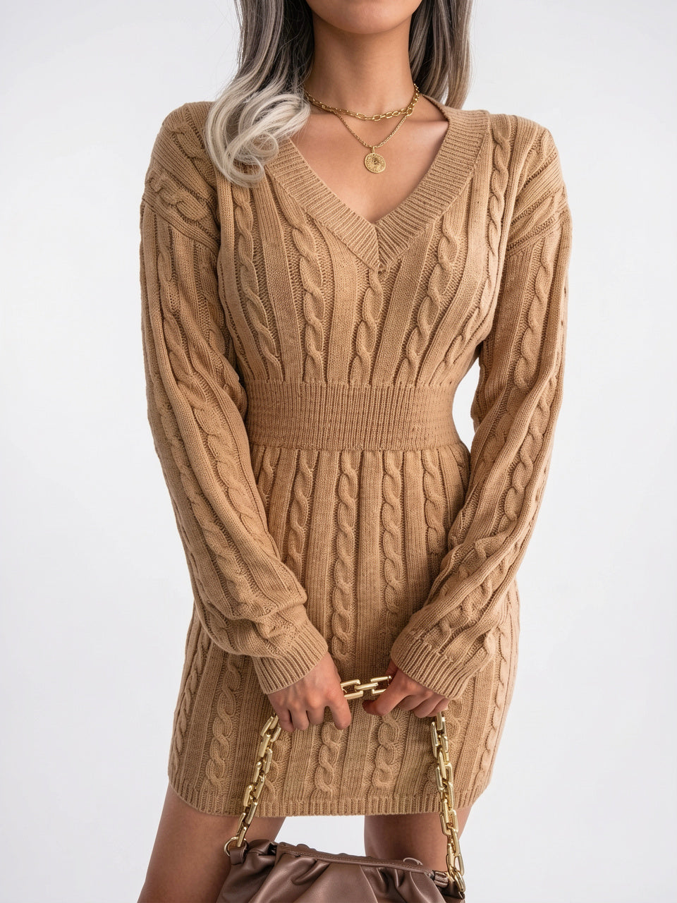 Robe Pull Femme Maille Torsadée Col V Mini - Kaki S