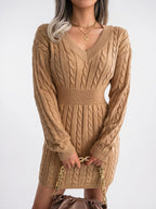 Robe Pull Femme Maille Torsadée Col V Mini - Kaki S