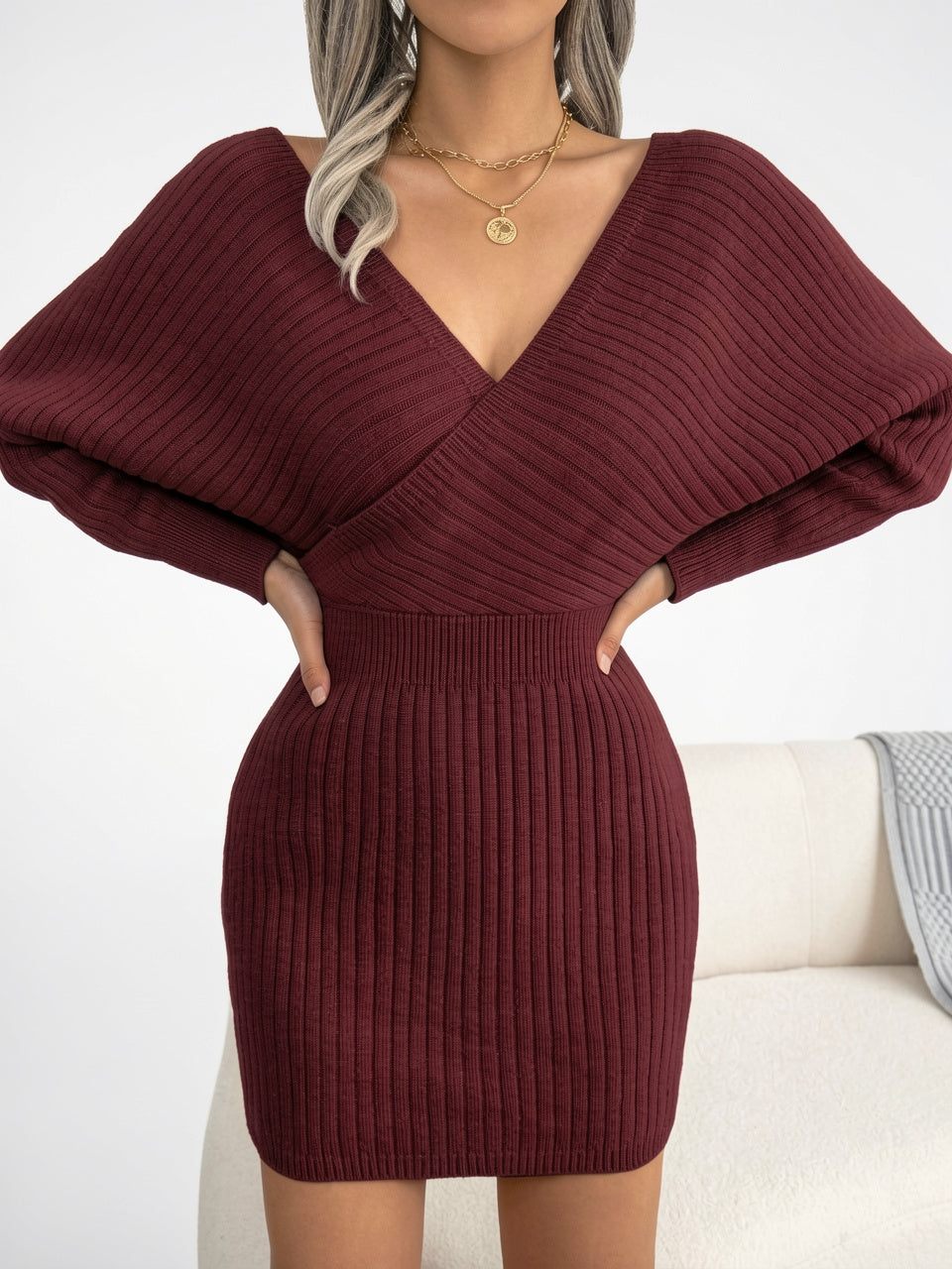 Robe pull femme moulante manches chauve-souris croise V - 12