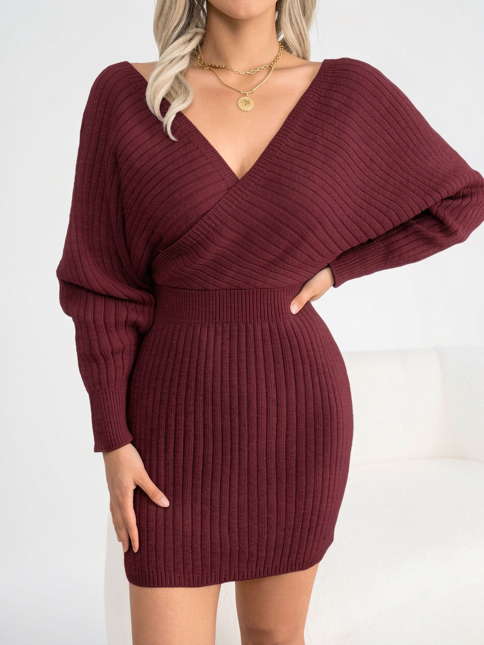 Robe pull femme moulante manches chauve-souris croise V - 14