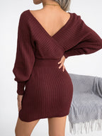 Robe pull femme moulante manches chauve-souris croise V - 15