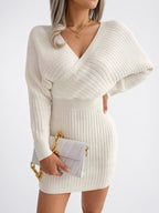 Robe pull femme moulante manches chauve-souris croise V - Blanc S