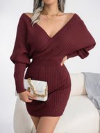 Robe pull femme moulante manches chauve-souris croise V - Bordeaux S
