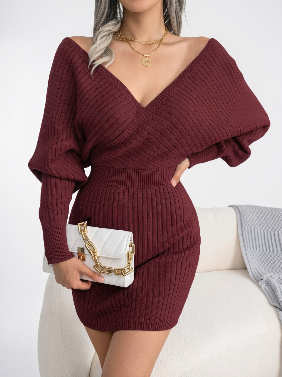 Robe pull femme moulante manches chauve-souris croise V - Bordeaux S