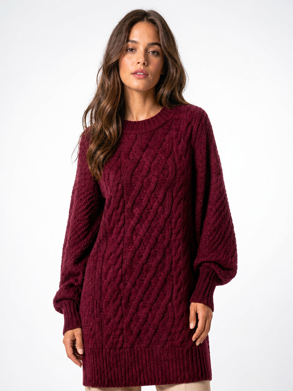 Robe Pull Tricot Torsadé Oversize Femmes Col Rond - Bordeaux S