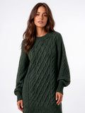 Robe Pull Tricot Torsadé Oversize Femmes Col Rond - Vert Forêt S