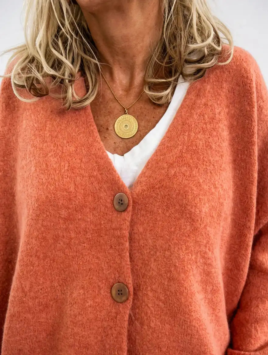 Cardigan Bouton Frontal Col V Femmes, Tricot Coupe Relax