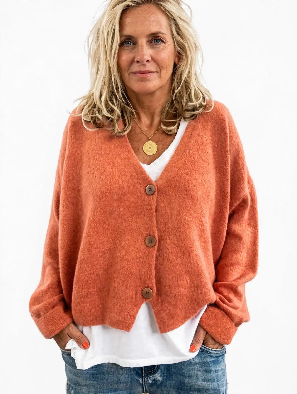 Cardigan Bouton Frontal Col V Femmes, Tricot Coupe Relax