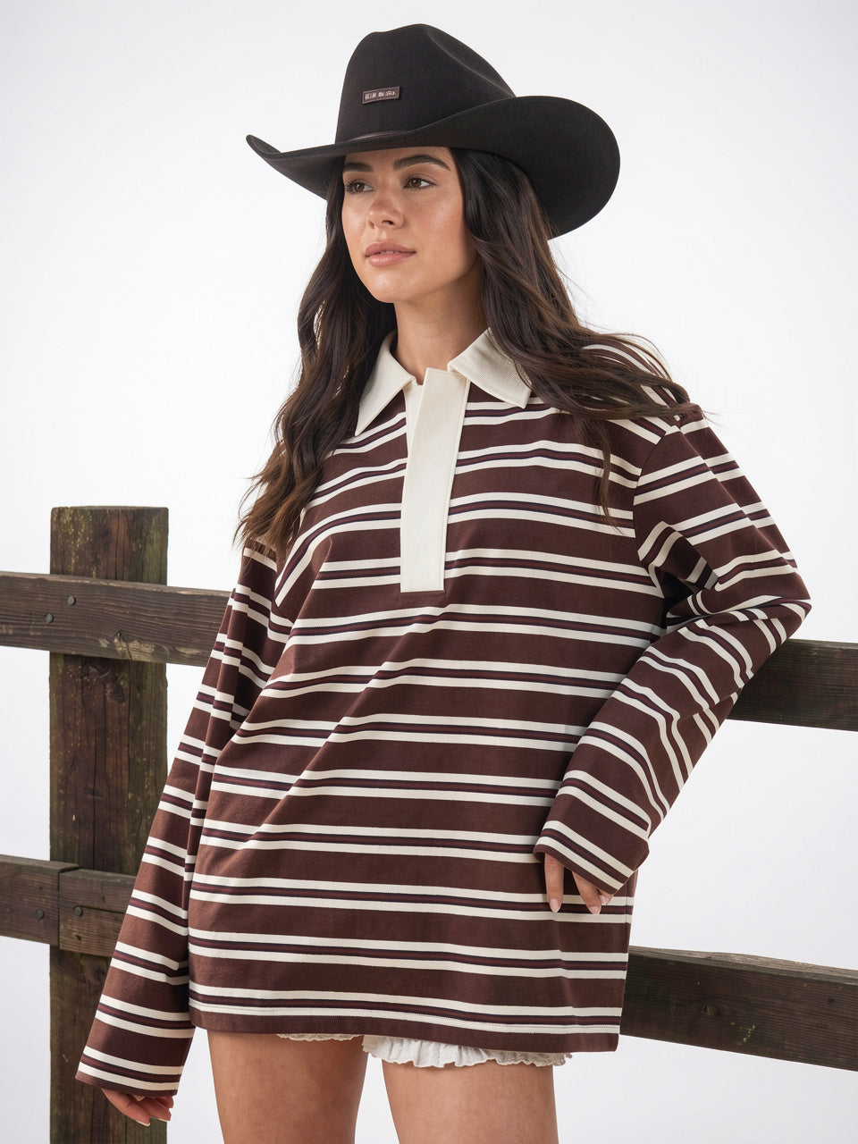 Top Femme Manches Longues Polo Rayé Coupe Régulière - Marrone S