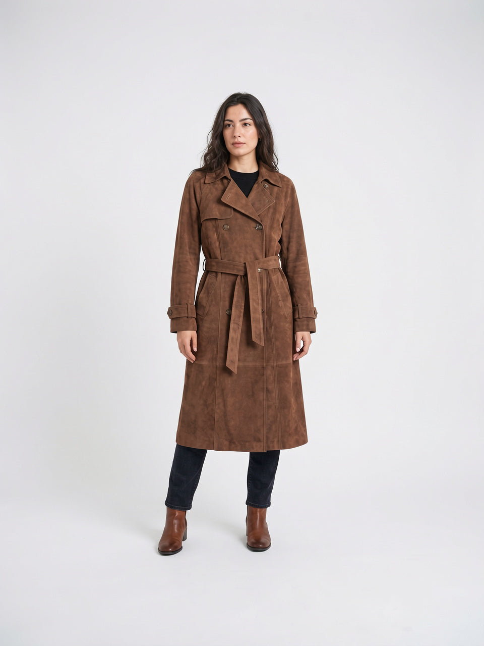 Trench Coat Daim Quotidien Femme Ajusté Ceinturé - Marron S