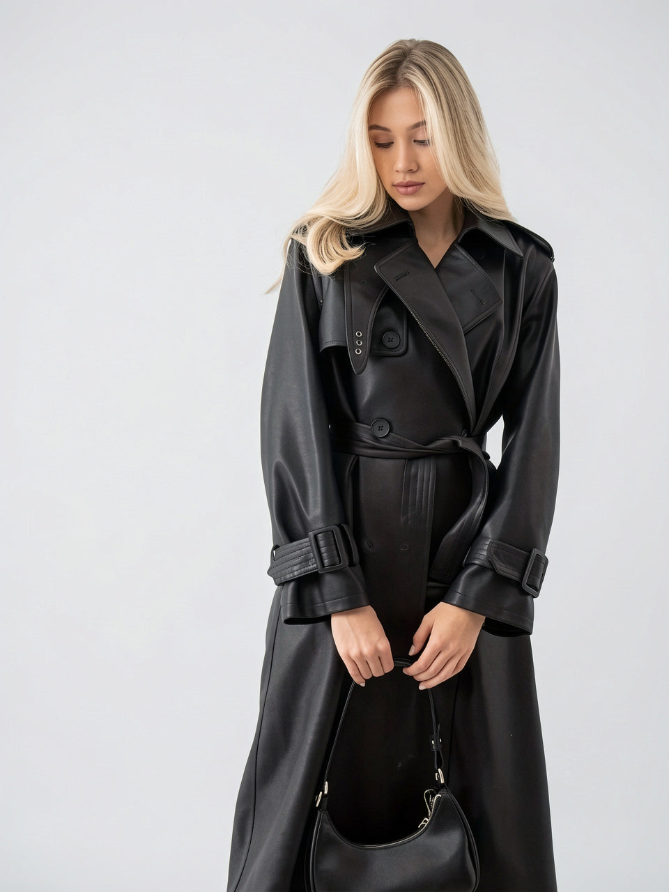 Trench-coat Long Femme Effet Cuir Ceinturé Mi-Saison Structuré - 2
