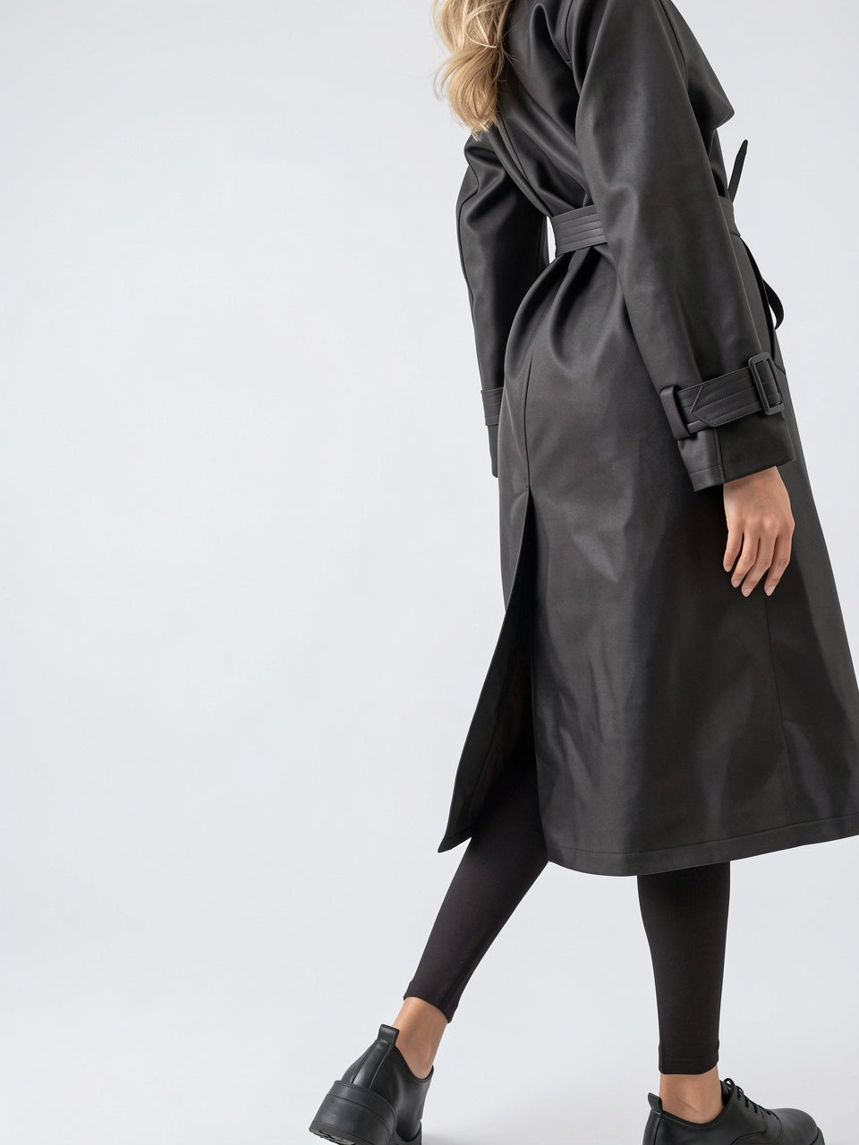 Trench-coat Long Femme Effet Cuir Ceinturé Mi-Saison Structuré - 4