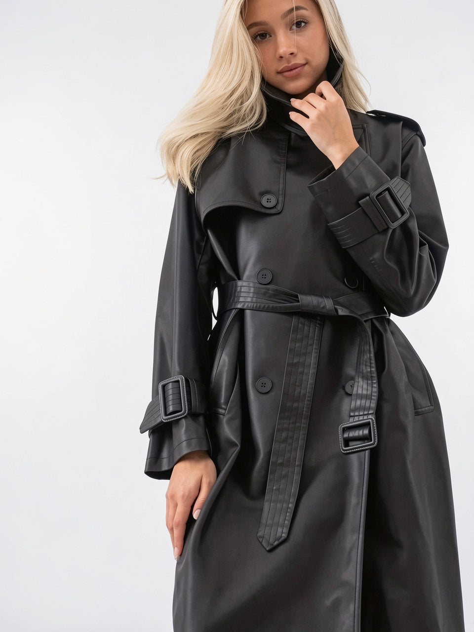 Trench-coat Long Femme Effet Cuir Ceinturé Mi-Saison Structuré - 5