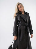 Trench-coat Long Femme Effet Cuir Ceinturé Mi-Saison Structuré - Noir S