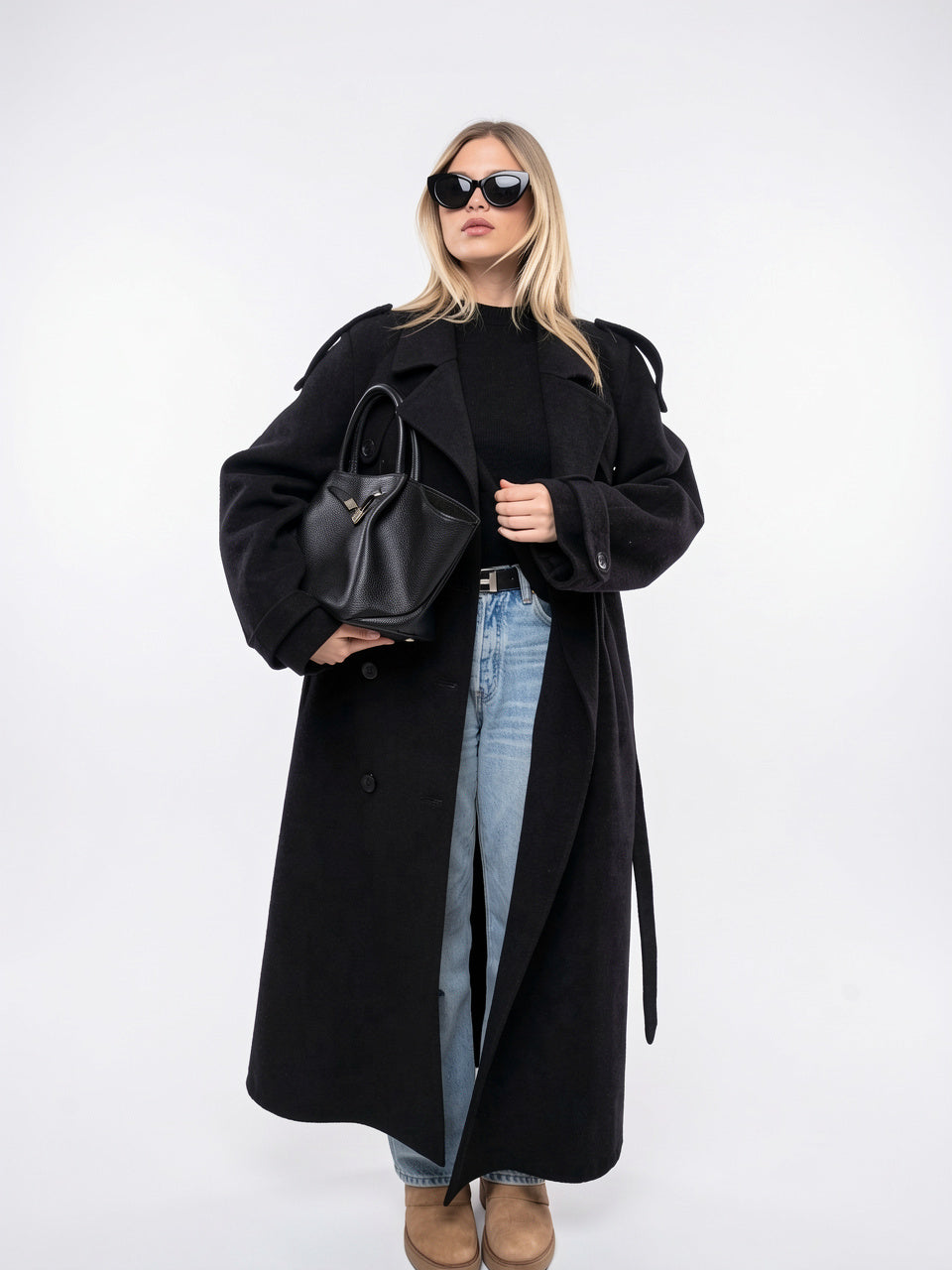 Trench Femme Col Tailleur Long Noir Coupe Ample - 2